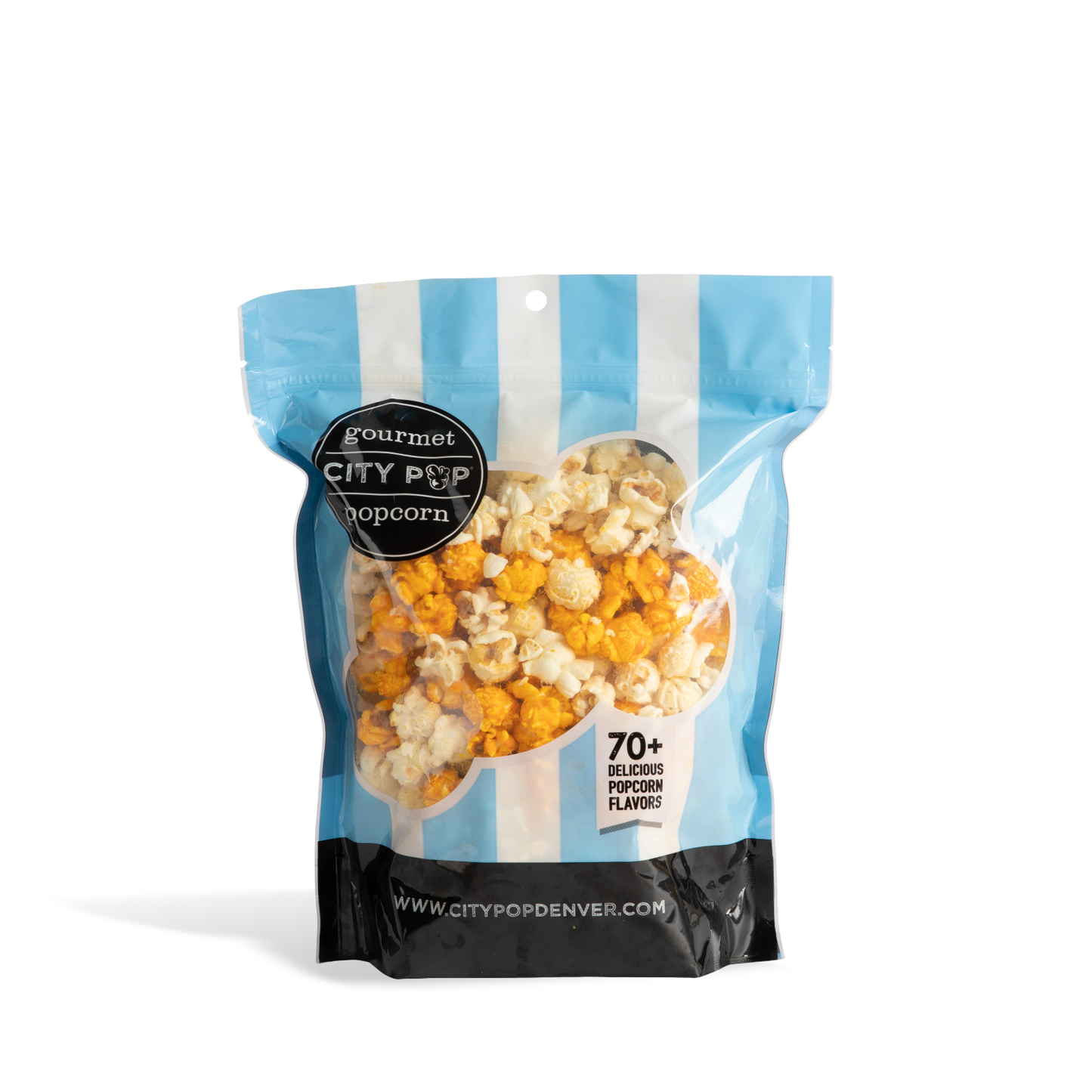 Bag of City Pop Wing Night popcorn with blue and white striped design on a white background