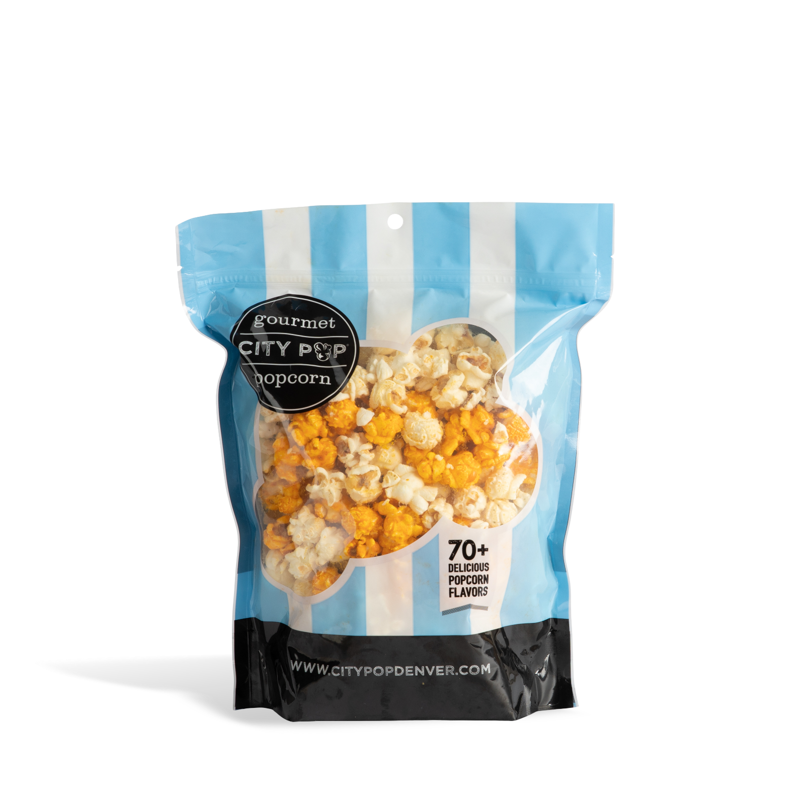Bag of City Pop Wing Night popcorn with blue and white striped design on a white background