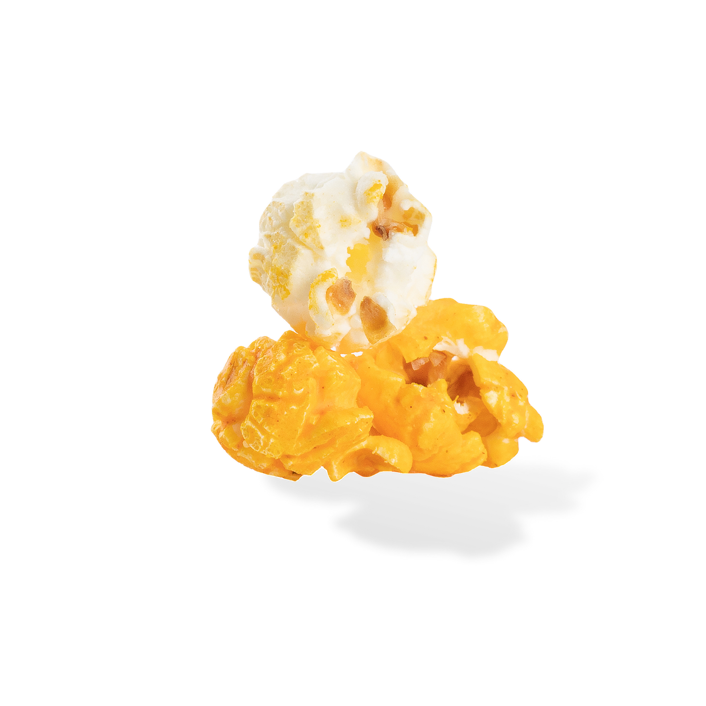 Three pieces of Wing Night popcorn on a white background