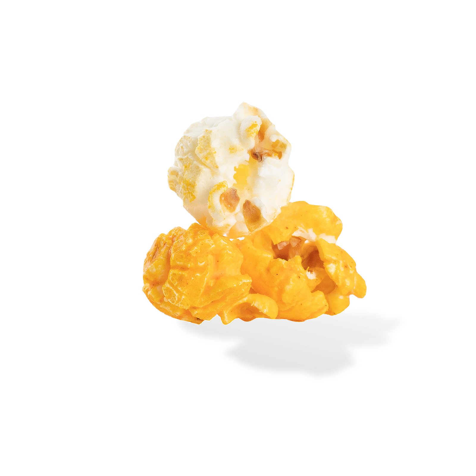 Three pieces of Wing Night popcorn on a white background