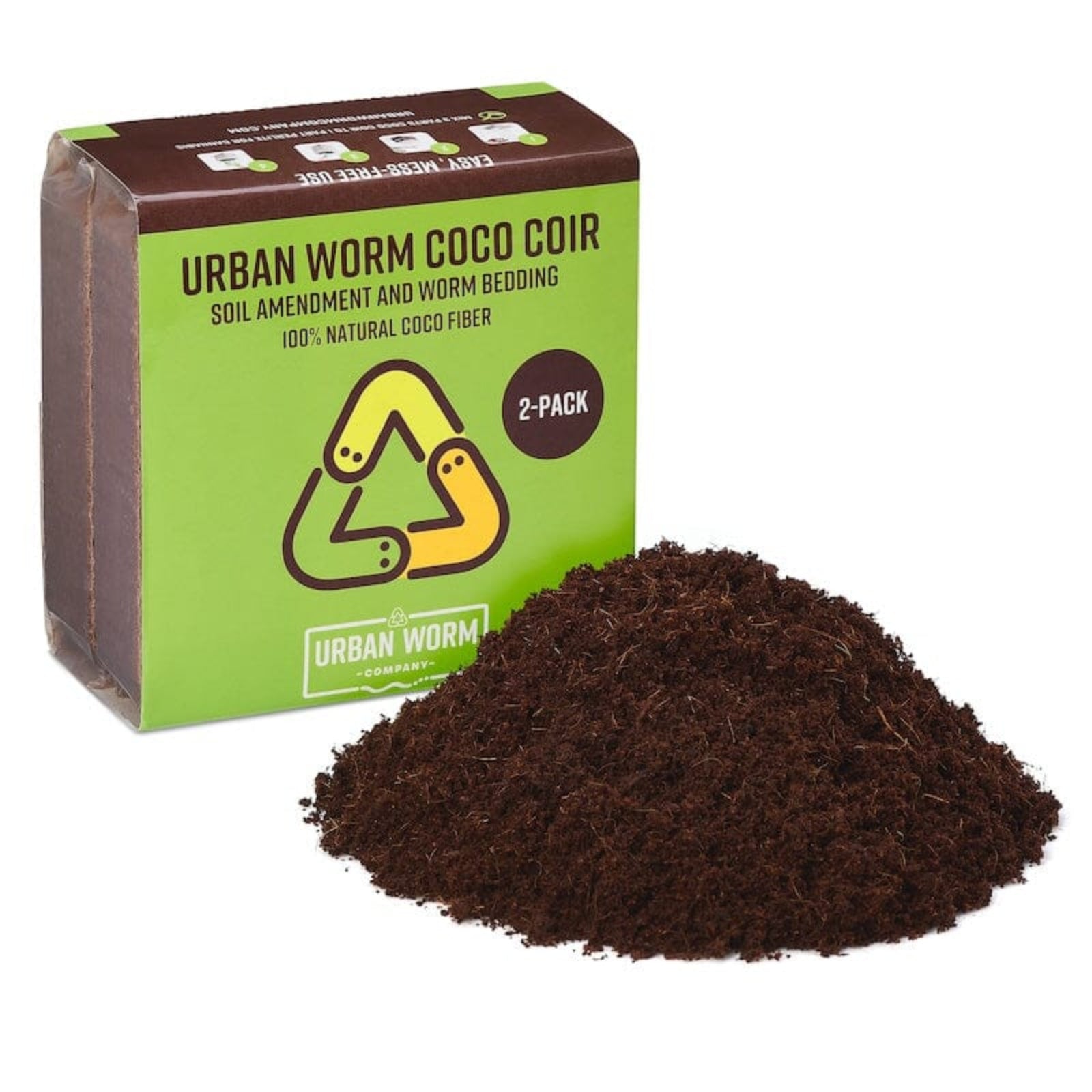 Box of Urban Worm Coco Coir with a pile of coco coir on a white background