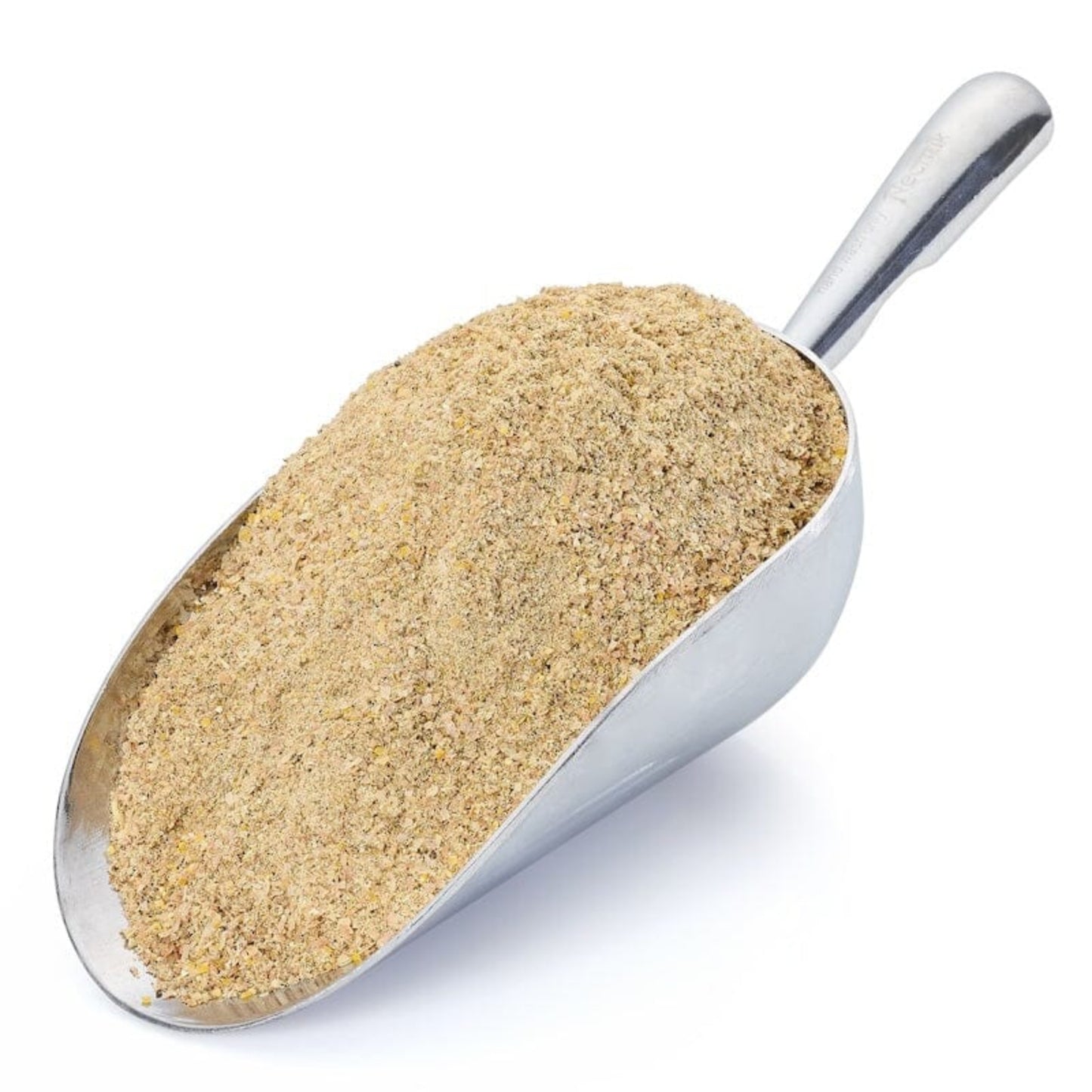 Metal scoop filled with Worm Chow on a white background