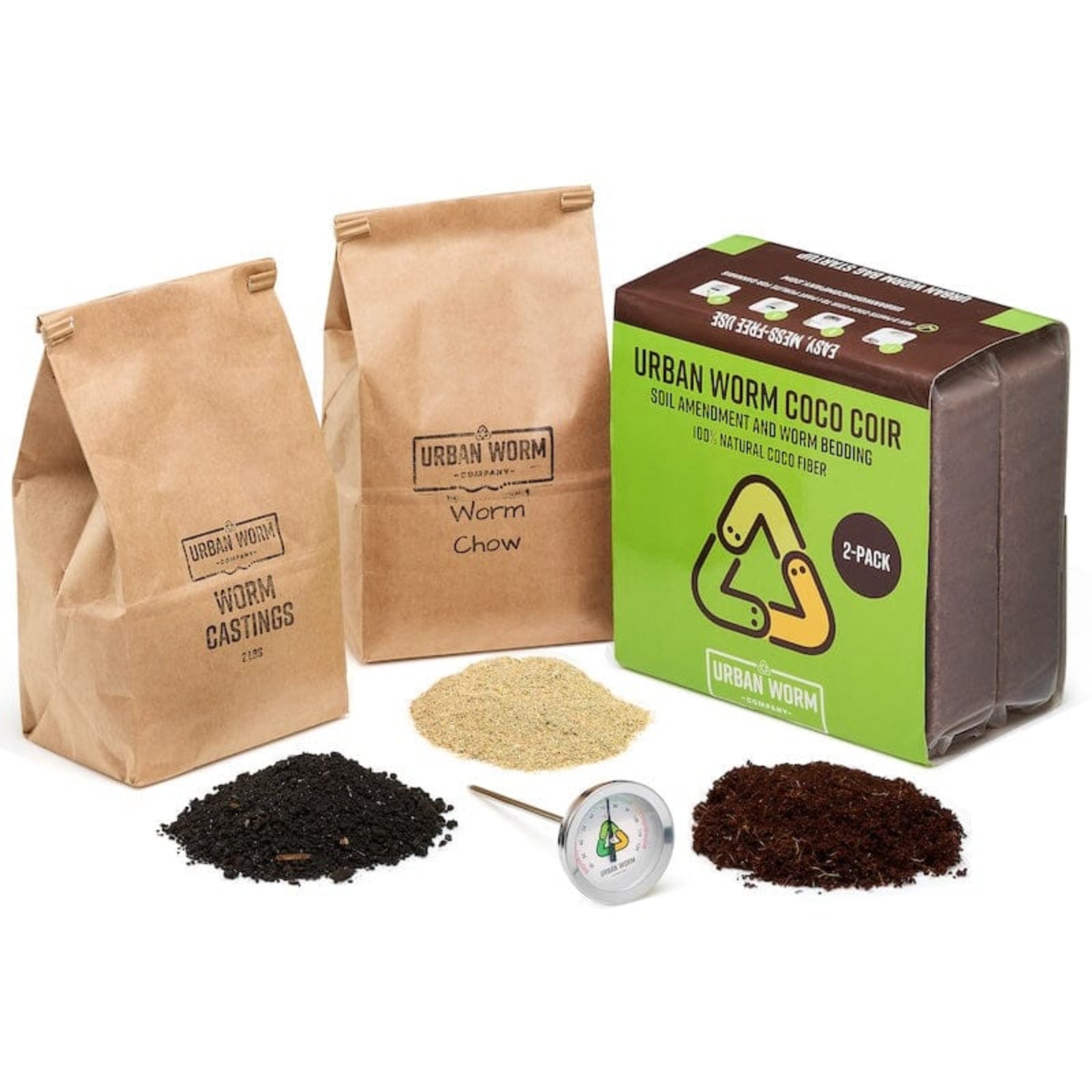 Urban Worm Success Bundle products including bags of 'Worm Castings' and 'Worm Chow', a block of 'Coco Coir', and a thermometer on a white background.