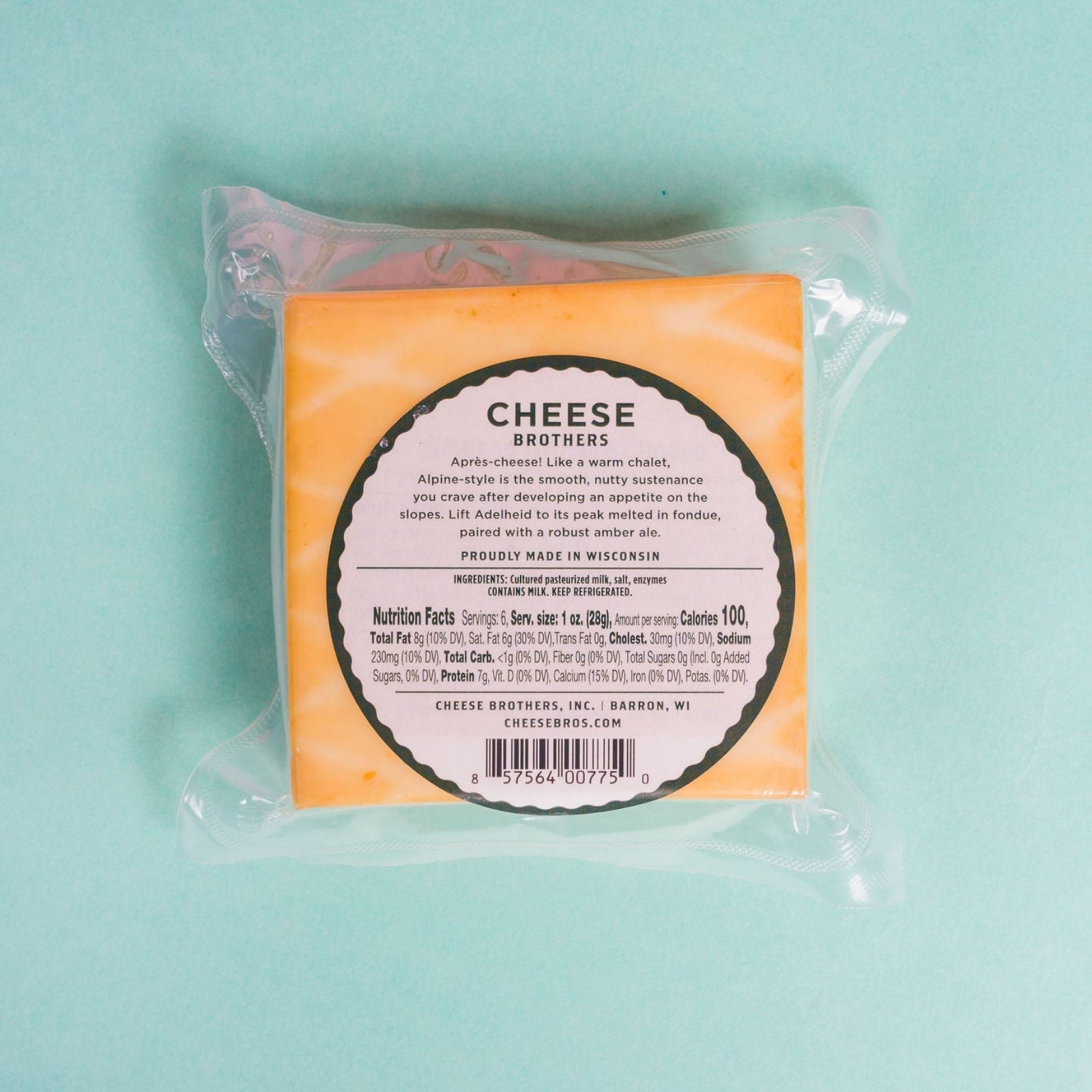 adelheid cheese block nutrition label on light blue background