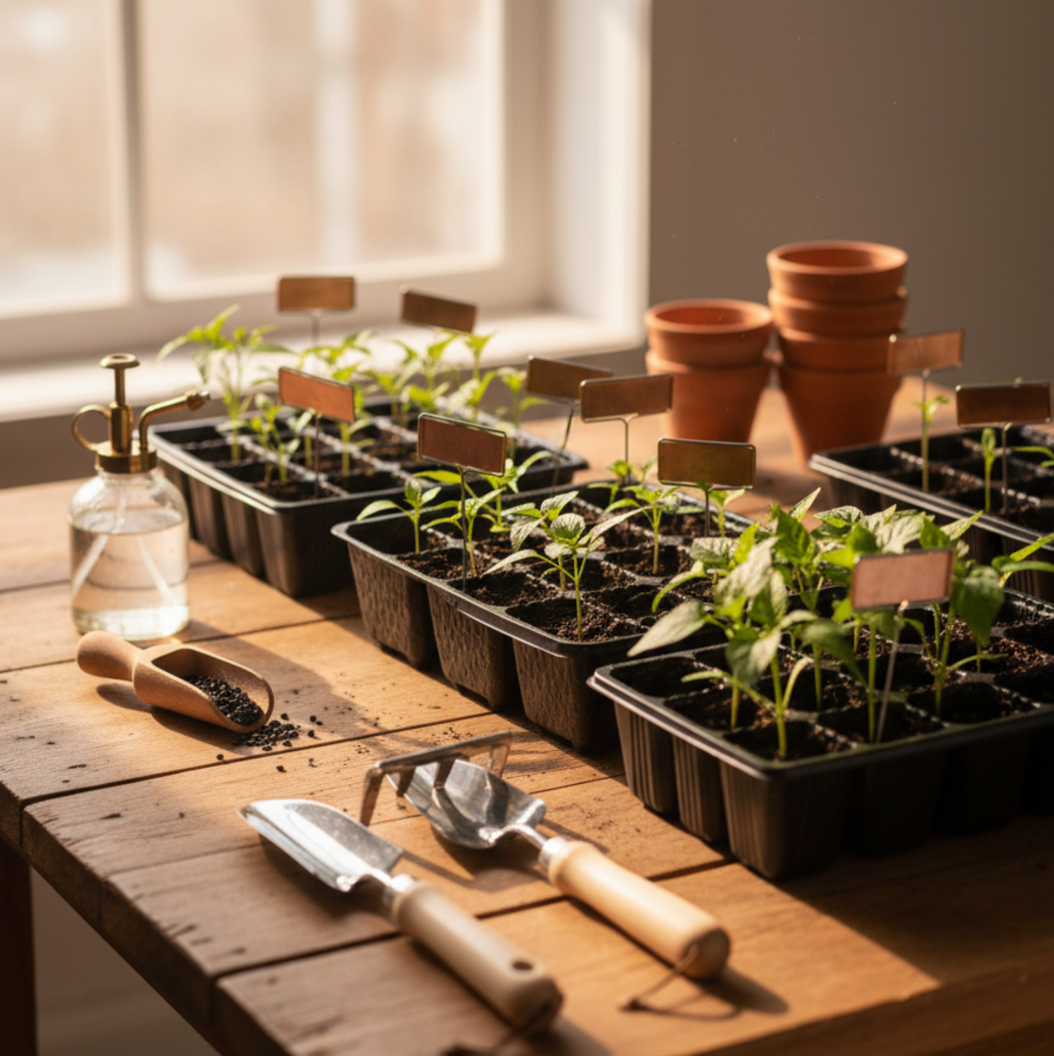 Afternoon Light Seed Starting on wooden work bench planting seeds in soil
