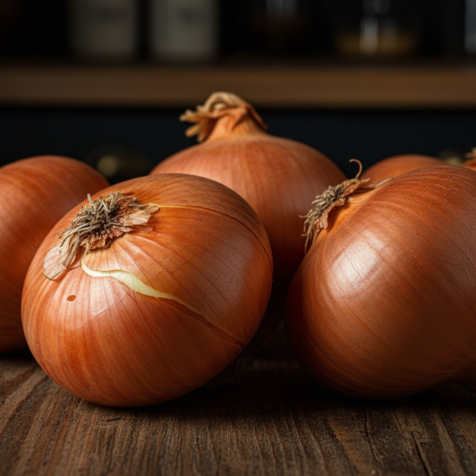 Ailsa Craig onions on wooden countertop used to display onion seeds for sale
