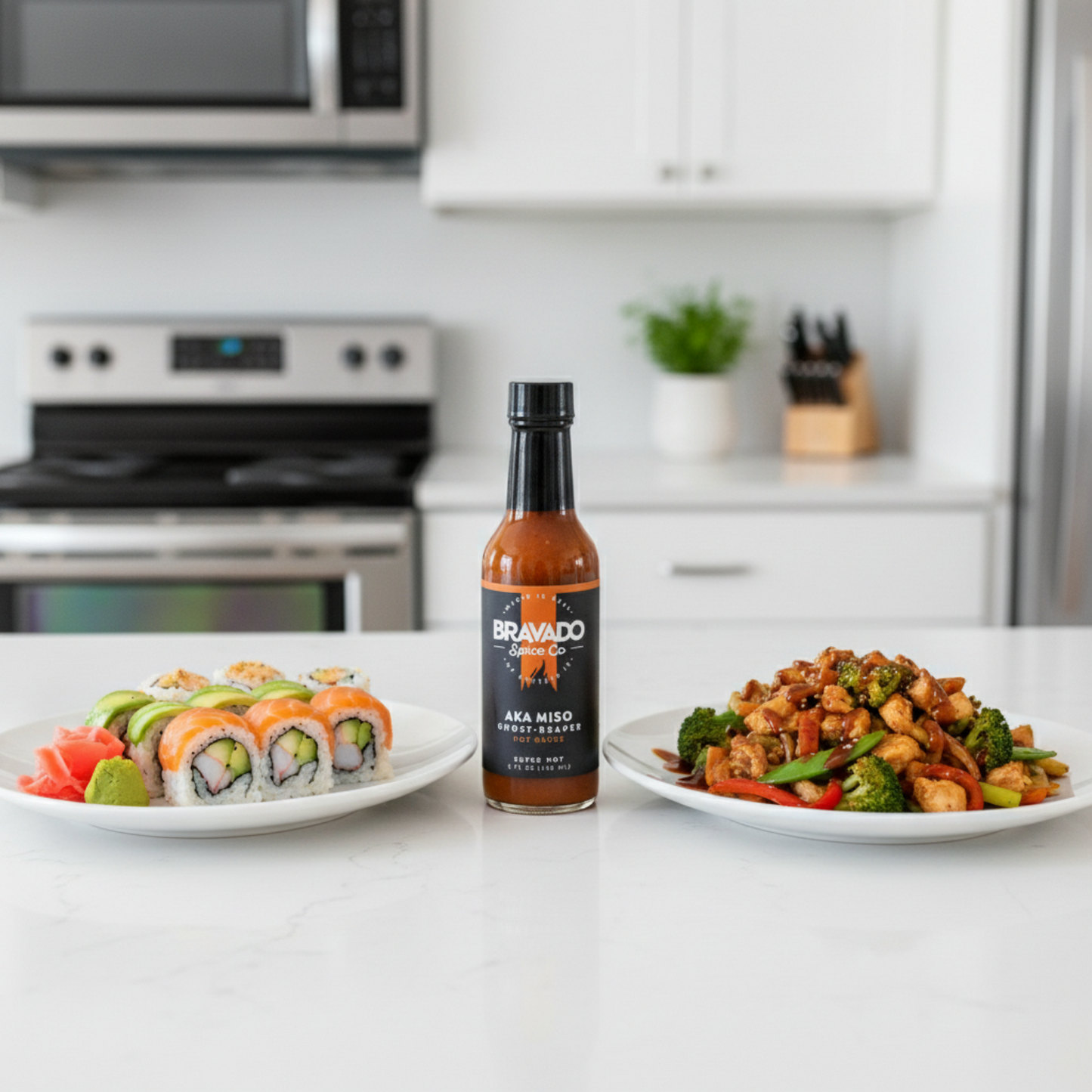 Aka Miso Ghost Reaper Hot Sauce bottle on a white kitchen counter beside a plate of sushi and a plate of stir fry drizzled with spicy hot sauce.