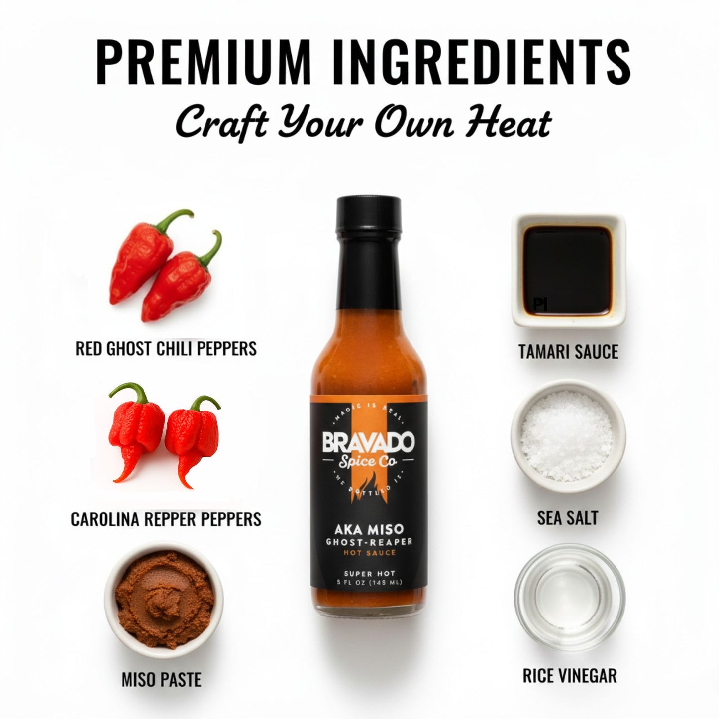 Aka Miso Ghost-Reaper Hot Sauce bottle surrounded by fresh premium ingredients like ghost peppers, Carolina Reaper peppers, tamari sauce, miso paste, and spices used to make the sauce.