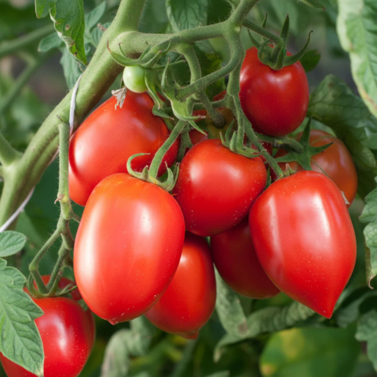 Red Amish Paste Tomato bunch on the plant, used to display tomato seeds for sale