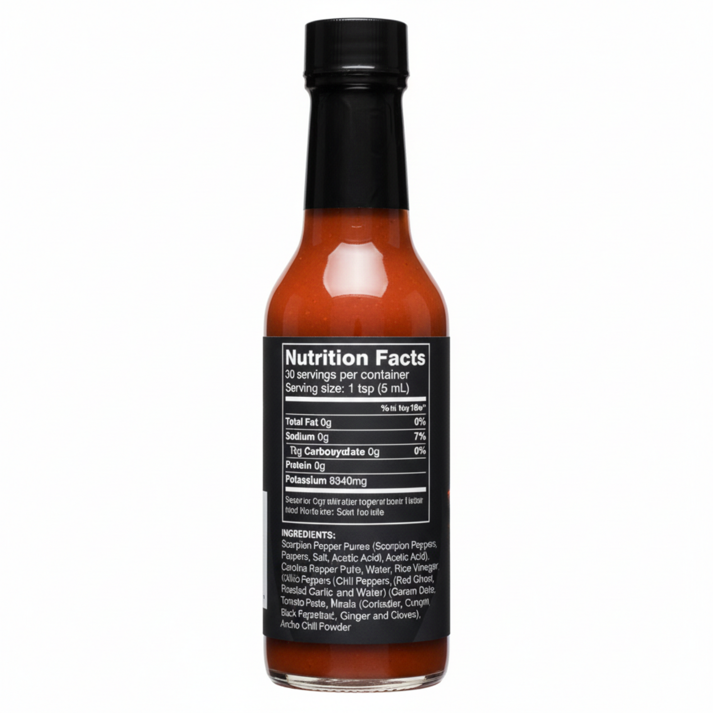Back label of Ancho Masala Scorpion Reaper Hot Sauce bottle showing ingredients and nutrition facts