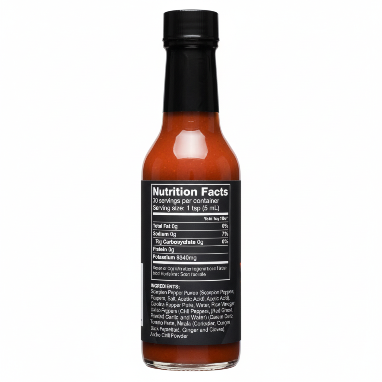 Back label of Ancho Masala Scorpion Reaper Hot Sauce bottle showing ingredients and nutrition facts