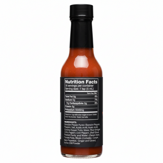 Back label of Ancho Masala Scorpion Reaper Hot Sauce bottle showing ingredients and nutrition facts