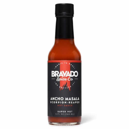 Ancho Masala Scorpion Reaper Hot Sauce on white background