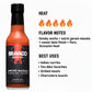 Ancho Masala Scorpion Reaper Hot Sauce heat and flavor infographic showing heat level 5 of 5 with smoky ancho, warm garam masala, sweet date finish, and fiery scorpion heat flavor notes, suggesting best uses on Indian curries, Tex-Mex favorites, grilled meats, and charcuterie boards.