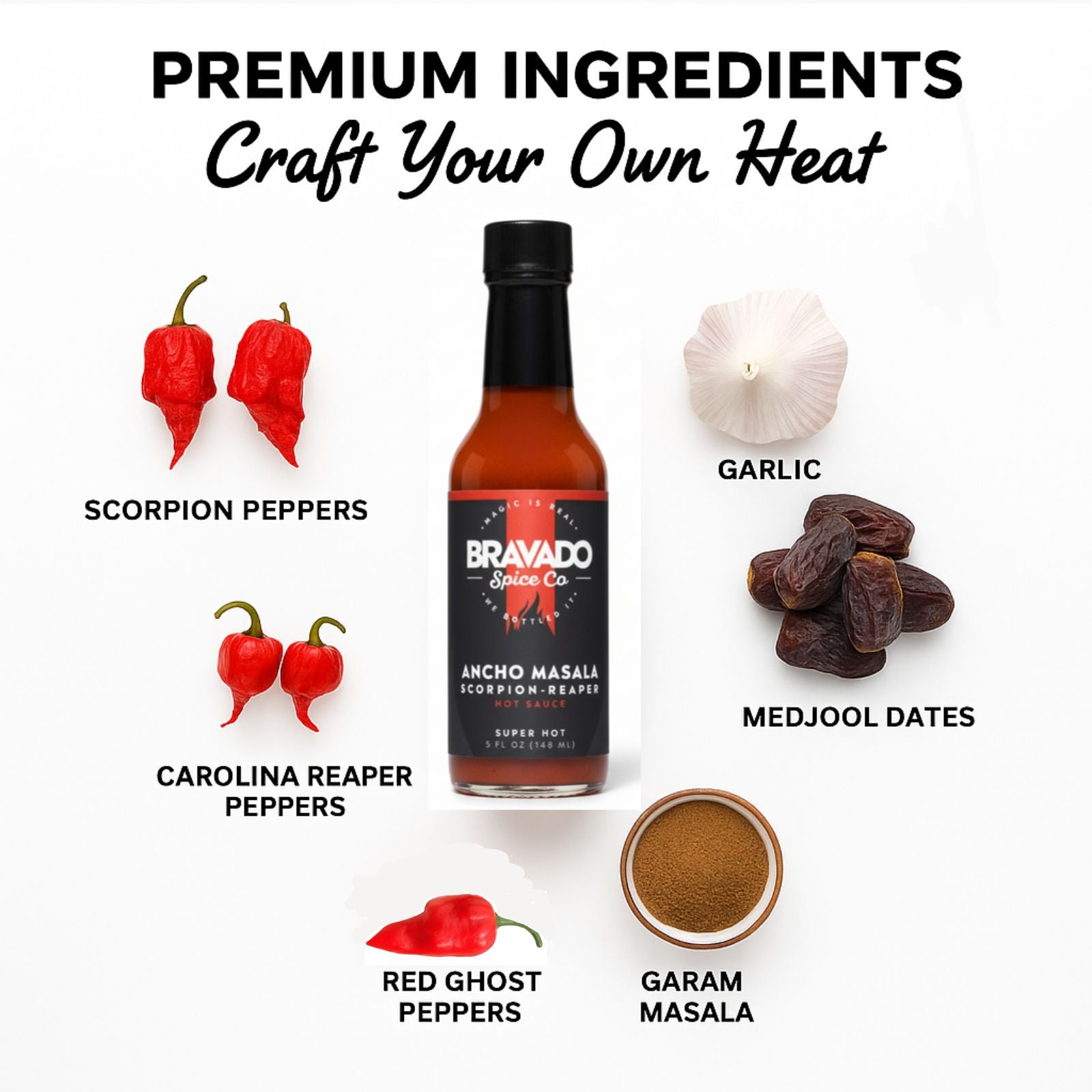 Ancho Masala Scorpion Reaper Hot Sauce bottle surrounded by fresh premium ingredients like Carolina Reaper peppers, Scorpion peppers, red ghost peppers, medjool dates, and spices used to make the sauce.