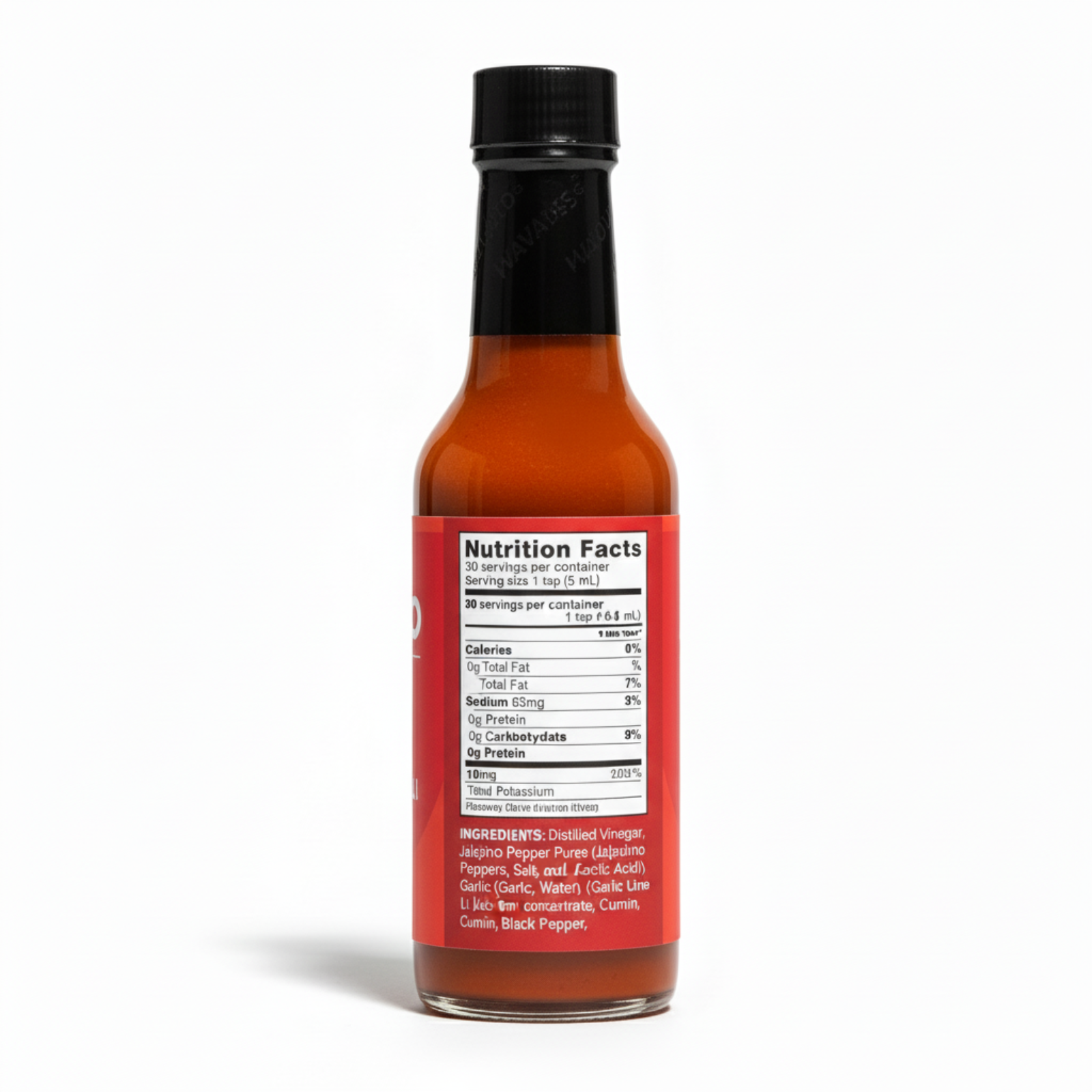 Back label of Árbol Chili & Garlic Hot Sauce bottle showing ingredients and nutrition facts
