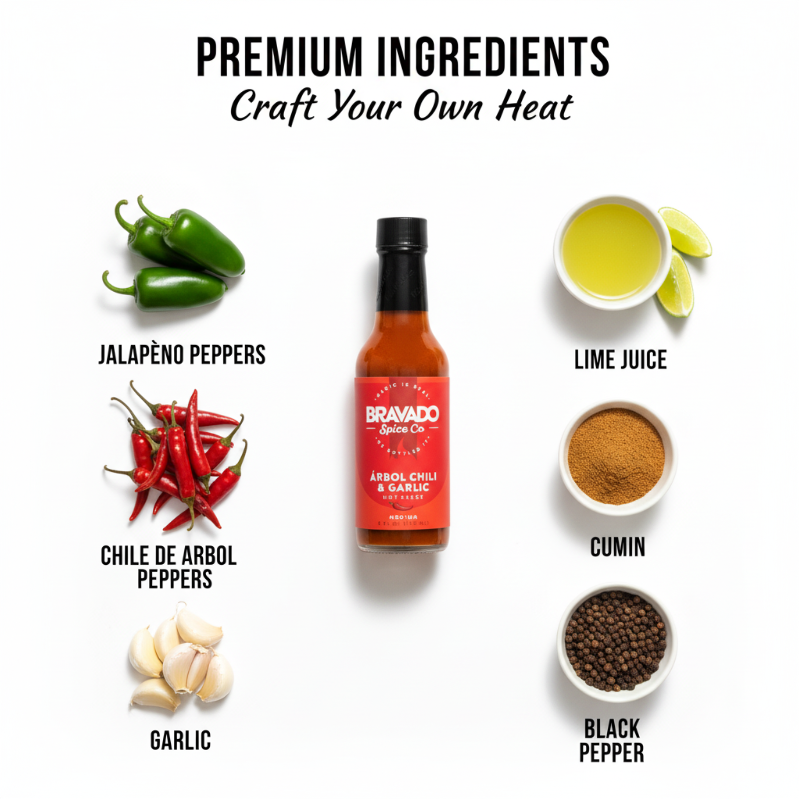 Árbol Chili & Garlic Hot Sauce bottle surrounded by fresh premium ingredients like jalapeno peppers, chile de arbol peppers, lime juice, garlic, and spices used to make the sauce.