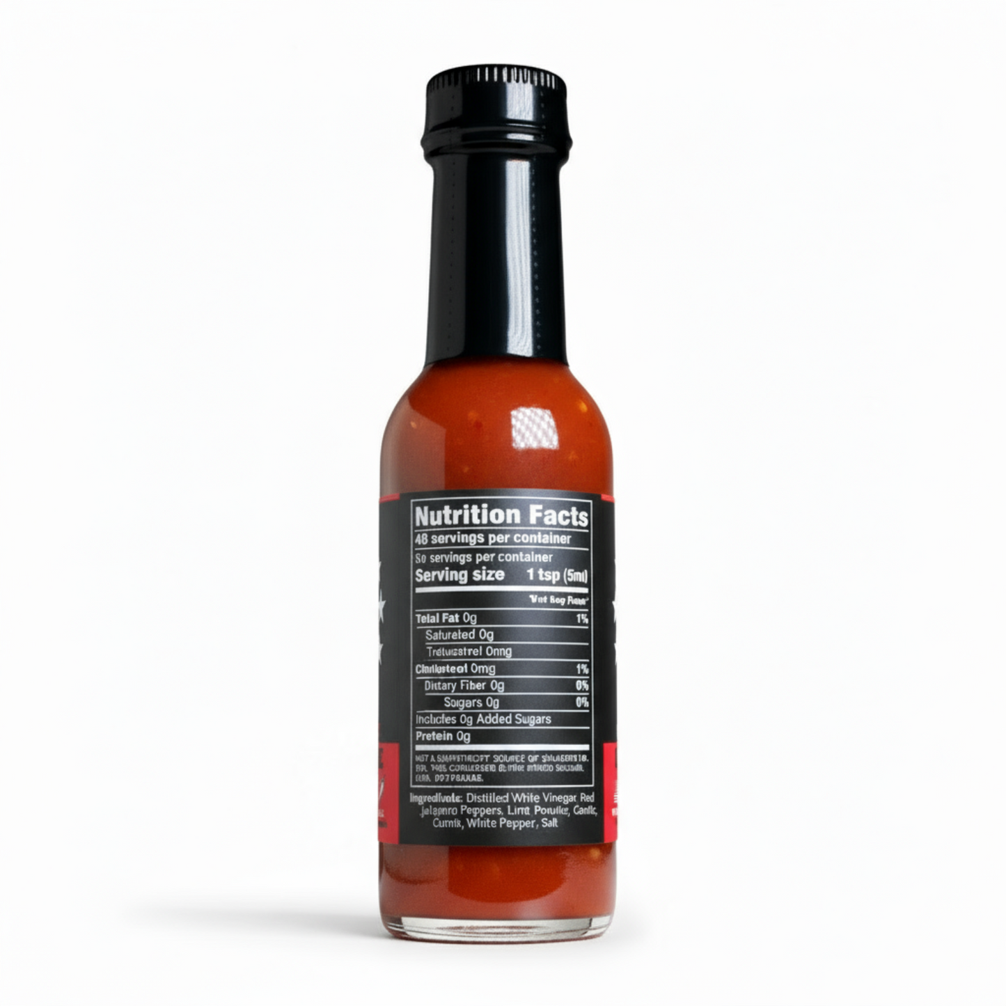 Back label of Big Red One Hot Sauce  bottle showing ingredients and nutrition facts