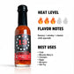 Big Red One Hot Sauce heat and flavor infographic showing heat level 3 of 5 with savory, smoky, and classic chili warmth flavor notes, suggesting best uses on chili, bloody mary's, chicken, eggs, burgers, and stir-fry