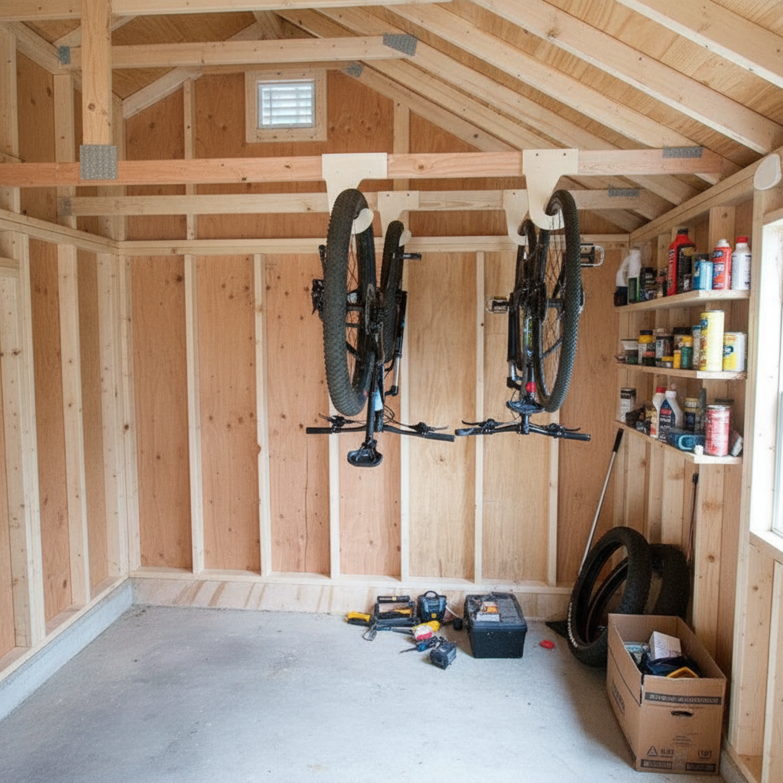 Bike Organizer Stud Mount- horizontal bike storage in organized shed