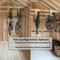 Bike Organizer Stud-Mount showing two different configurations hanging a bike vertically using one organizer or hang a bike horizontally with two organizers.