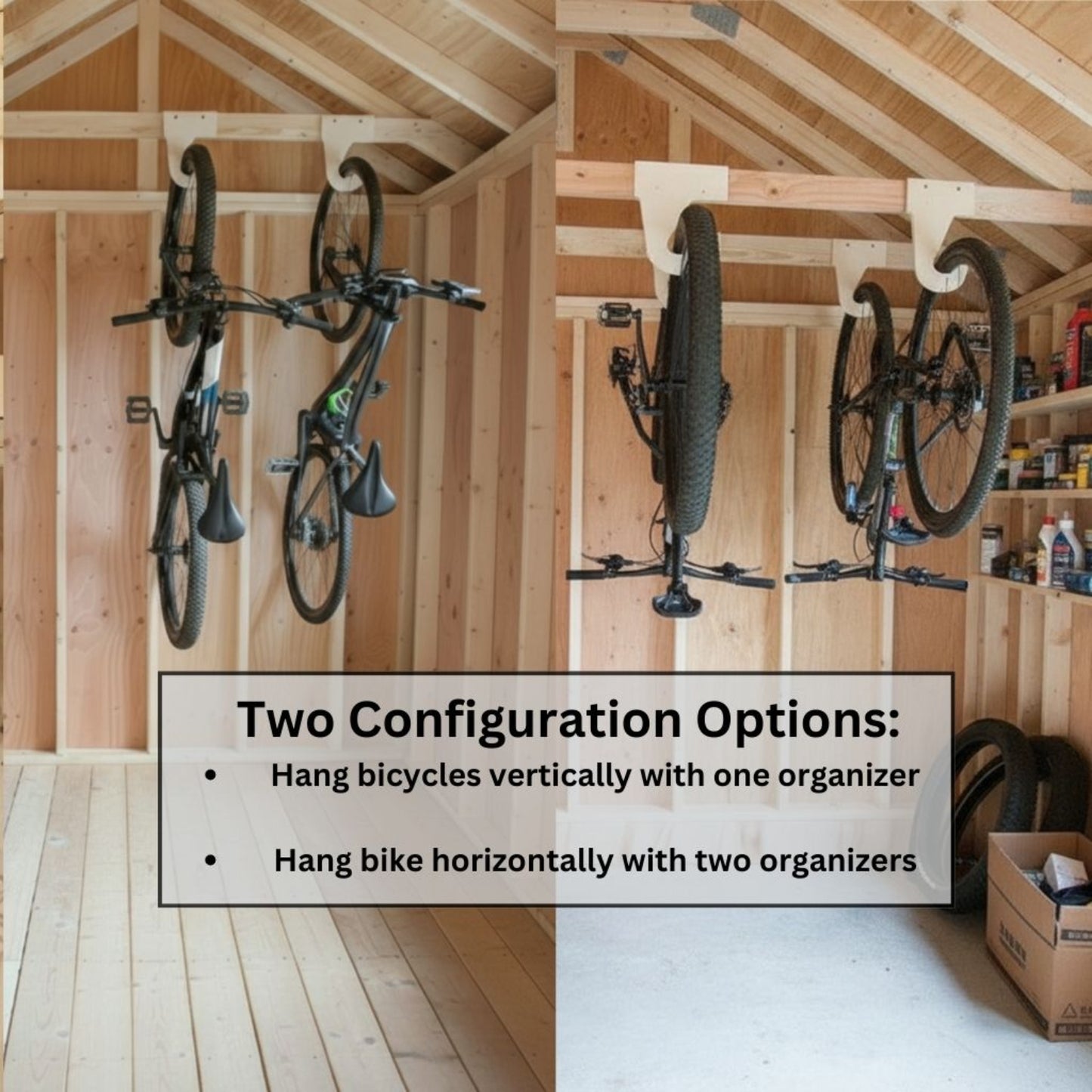 Bike Organizer Stud-Mount showing two different configurations hanging a bike vertically using one organizer or hang a bike horizontally with two organizers.