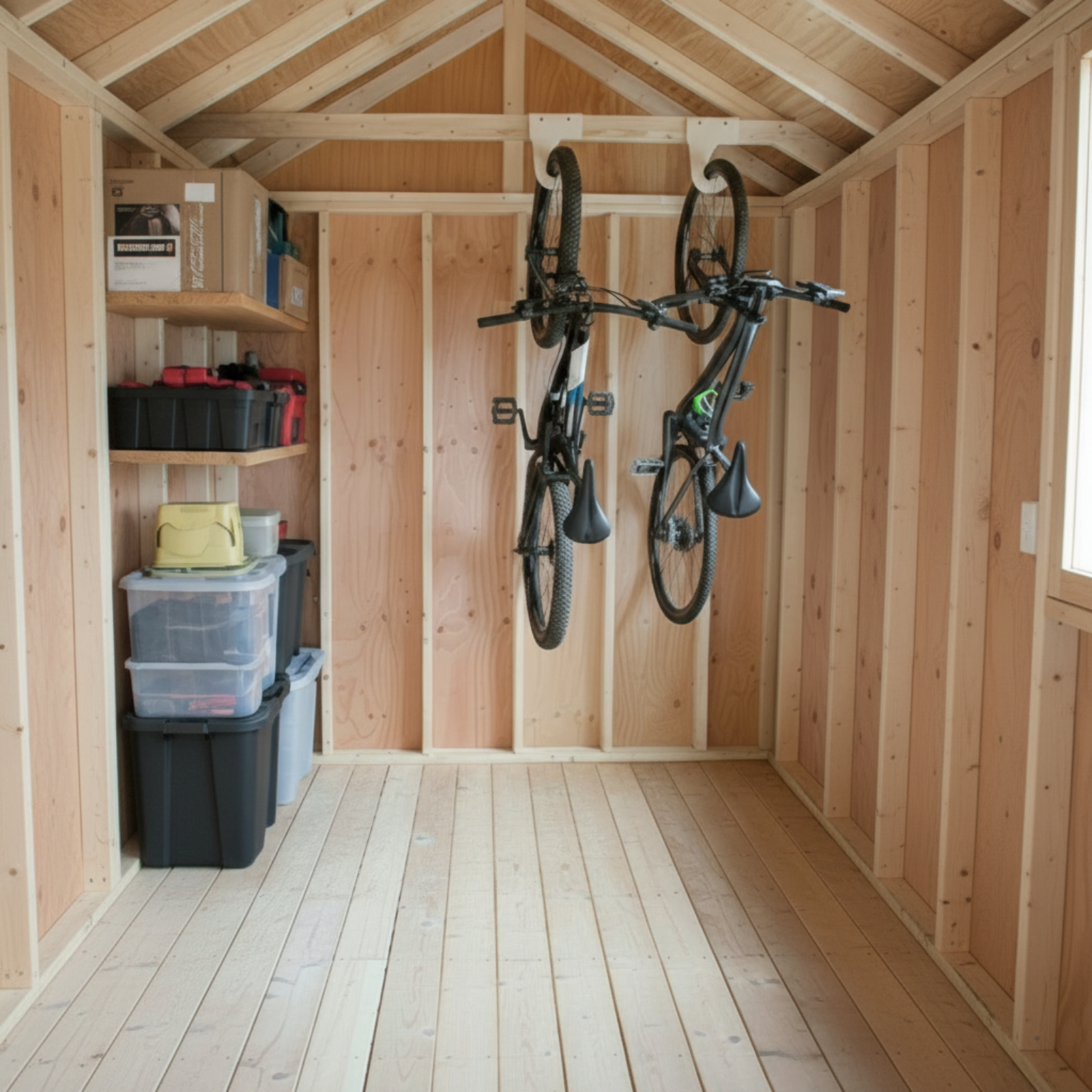 Bike Organizer Stud-Mount with  two bikes hanging vertically from ceiling joist in shed