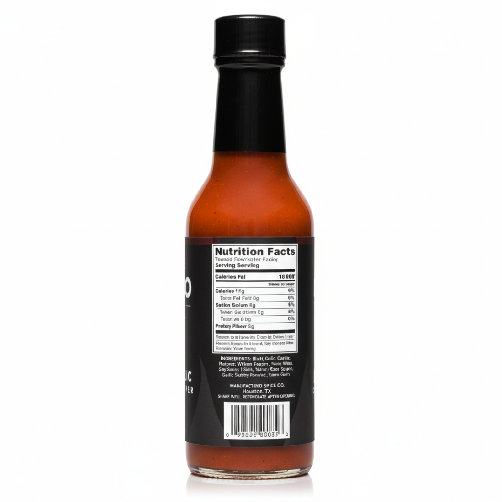 Back label of Black Garlic Carolina Reaper Hot Sauce bottle showing ingredients and nutrition facts