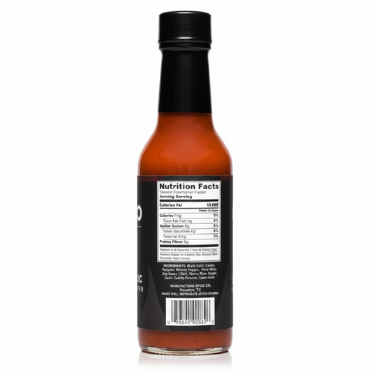 Back label of Black Garlic Carolina Reaper Hot Sauce bottle showing ingredients and nutrition facts