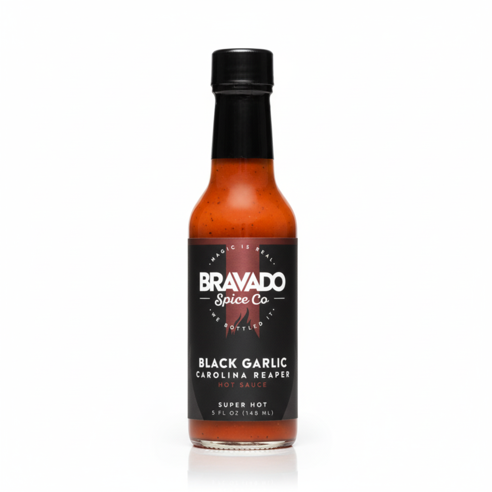 Black Garlic Carolina Reaper Hot Sauce on white background