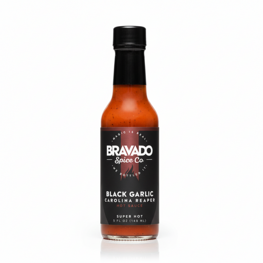 Black Garlic Carolina Reaper Hot Sauce on white background