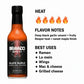 Black Garlic Carolina Reaper Hot Sauce heat and flavor infographic showing heat level 5 of 5 with deep black garlic umami, fruity reaper heat, and sweet maple finish flavor notes, suggesting best uses on ramen, lo mein, wings, mac and cheese, and grilled cheese.