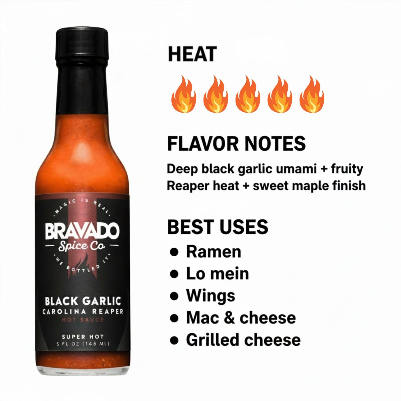 Black Garlic Carolina Reaper Hot Sauce heat and flavor infographic showing heat level 5 of 5 with deep black garlic umami, fruity reaper heat, and sweet maple finish flavor notes, suggesting best uses on ramen, lo mein, wings, mac and cheese, and grilled cheese.