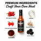 Black Garlic Carolina Reaper Hot Sauce bottle surrounded by fresh premium ingredients like Carolina Reaper peppers,  Red Serrano peppers, vinegar, maple syrup, and spices used to make the sauce.