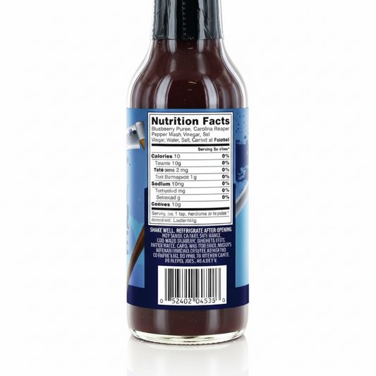 Back label of Blueberry Carolina Reaper Hot Sauce bottle showing ingredients and nutrition facts