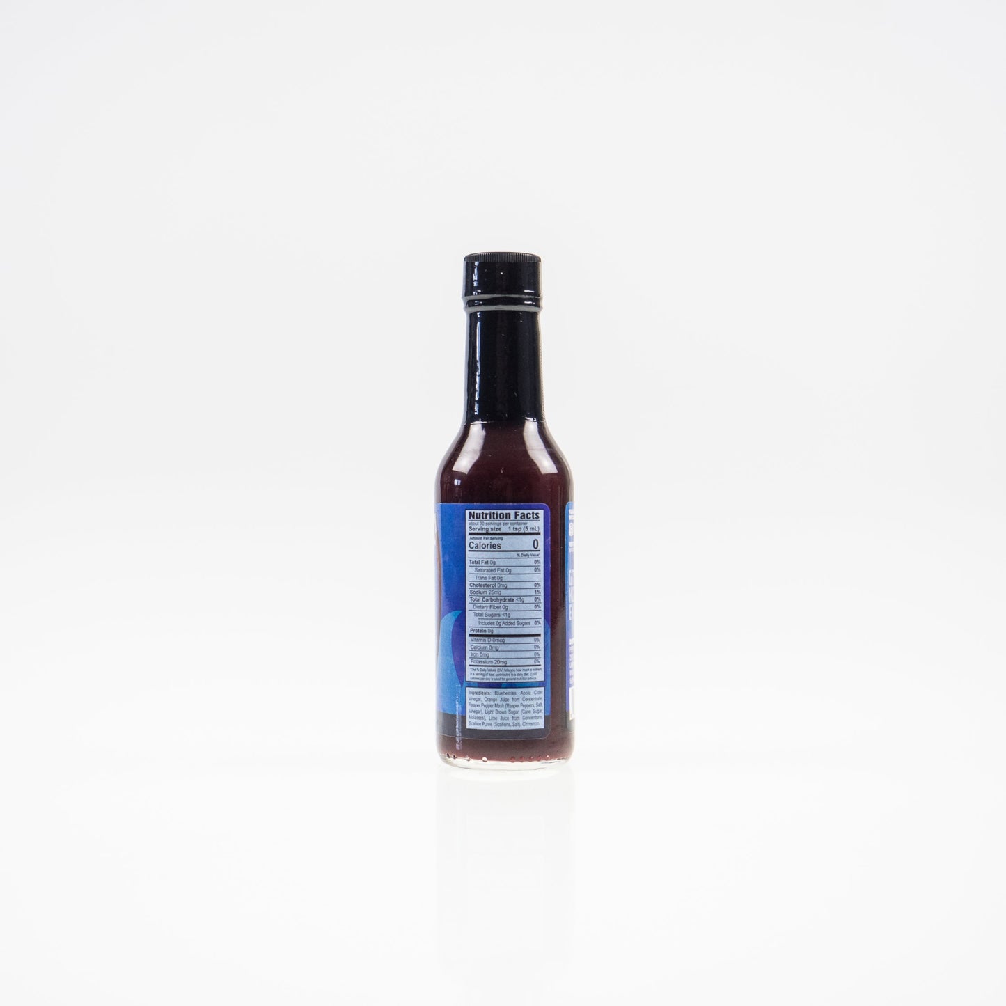 Back label of Blueberry Carolina Reaper Hot Sauce bottle showing ingredients and nutrition facts