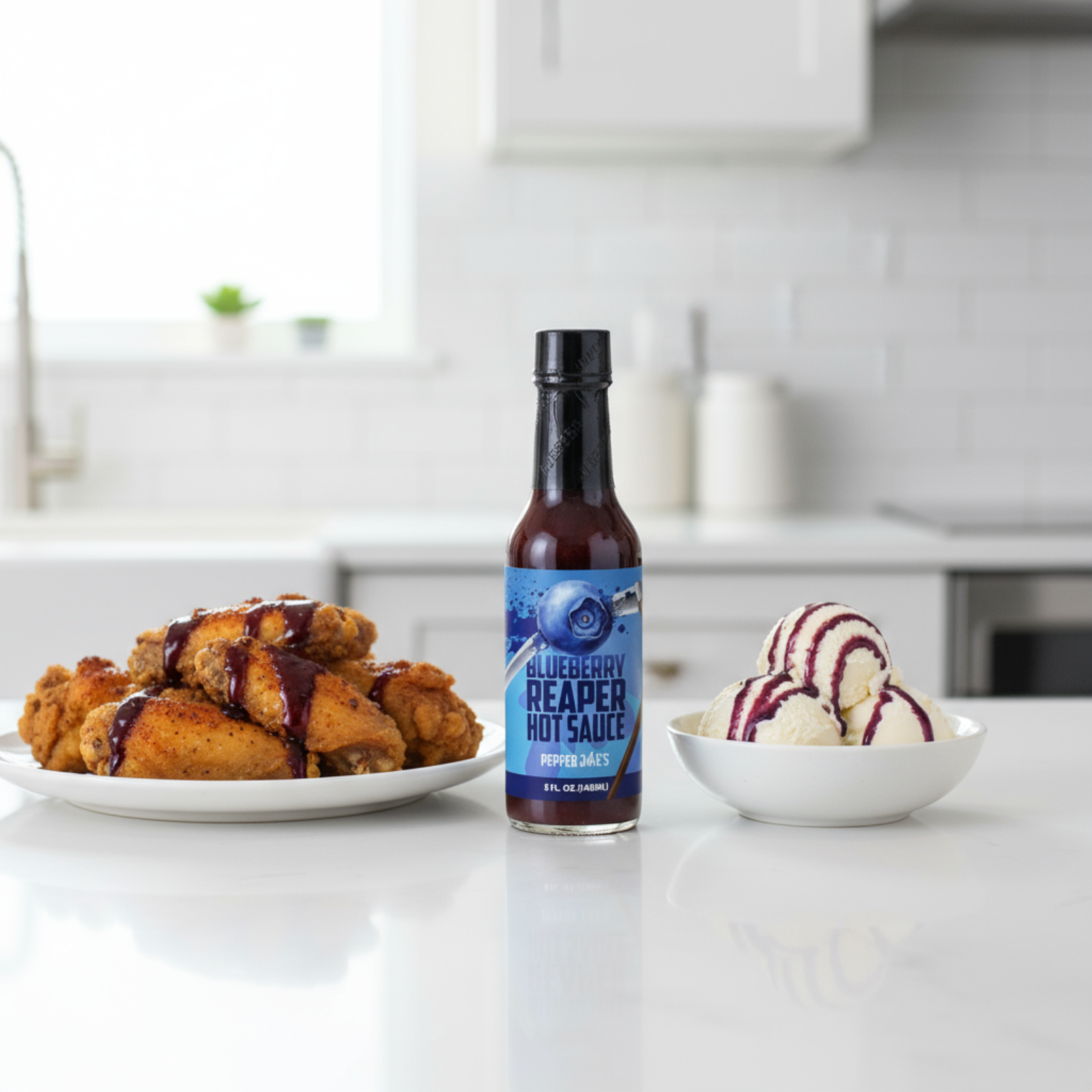 Blueberry Carolina Reaper Hot Sauce bottle on a white kitchen counter beside a bowl of ice cream and a plate of fried chicken wings drizzled with spicy blueberry hot sauce.
