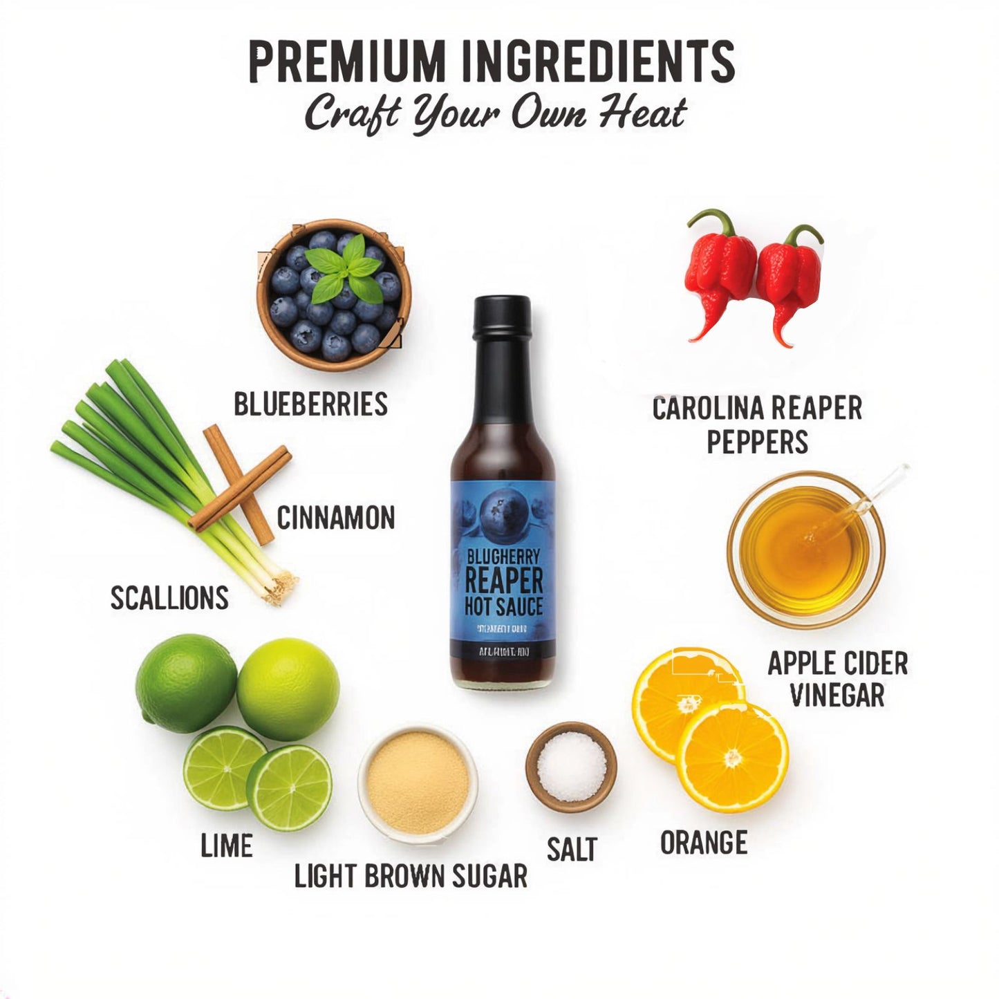Blueberry Carolina Reaper Hot Sauce bottle surrounded by fresh premium ingredients like blueberries, Carolina Reaper peppers, citrus, and spices used to make the sauce.