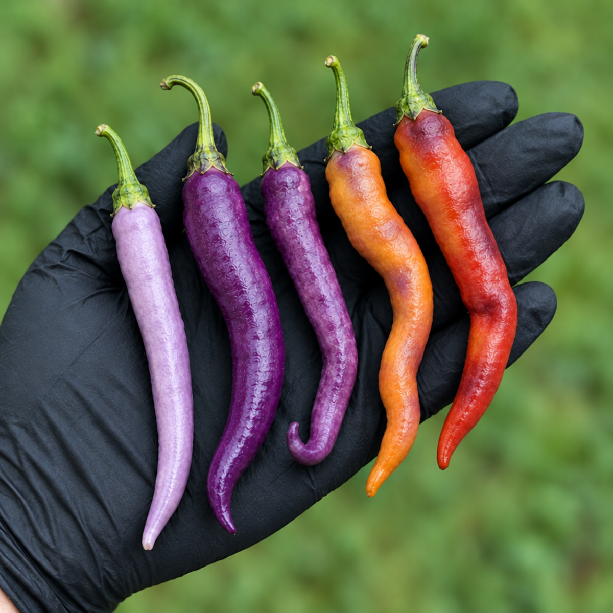 Buena Mulata lineup with orange red and purple ripening tones used to display pepper seeds for sale