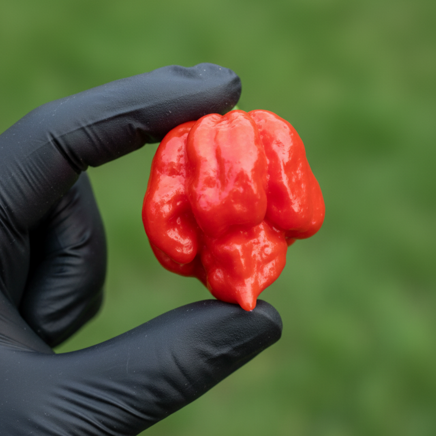 Butch T Trinidad Scorpion - single pepper in black gloved hand used to represent pepper seeds for sale