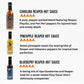Pepper Joe's Carolina Reaper hot sauce gift box sauces that includes one bottle each of Blueberry Reaper, Pineapple Reaper, and Carolina Reaper with descriptions beside each bottle with flavor notes and indicating 5 out of 5 for heat level for all three sauces.