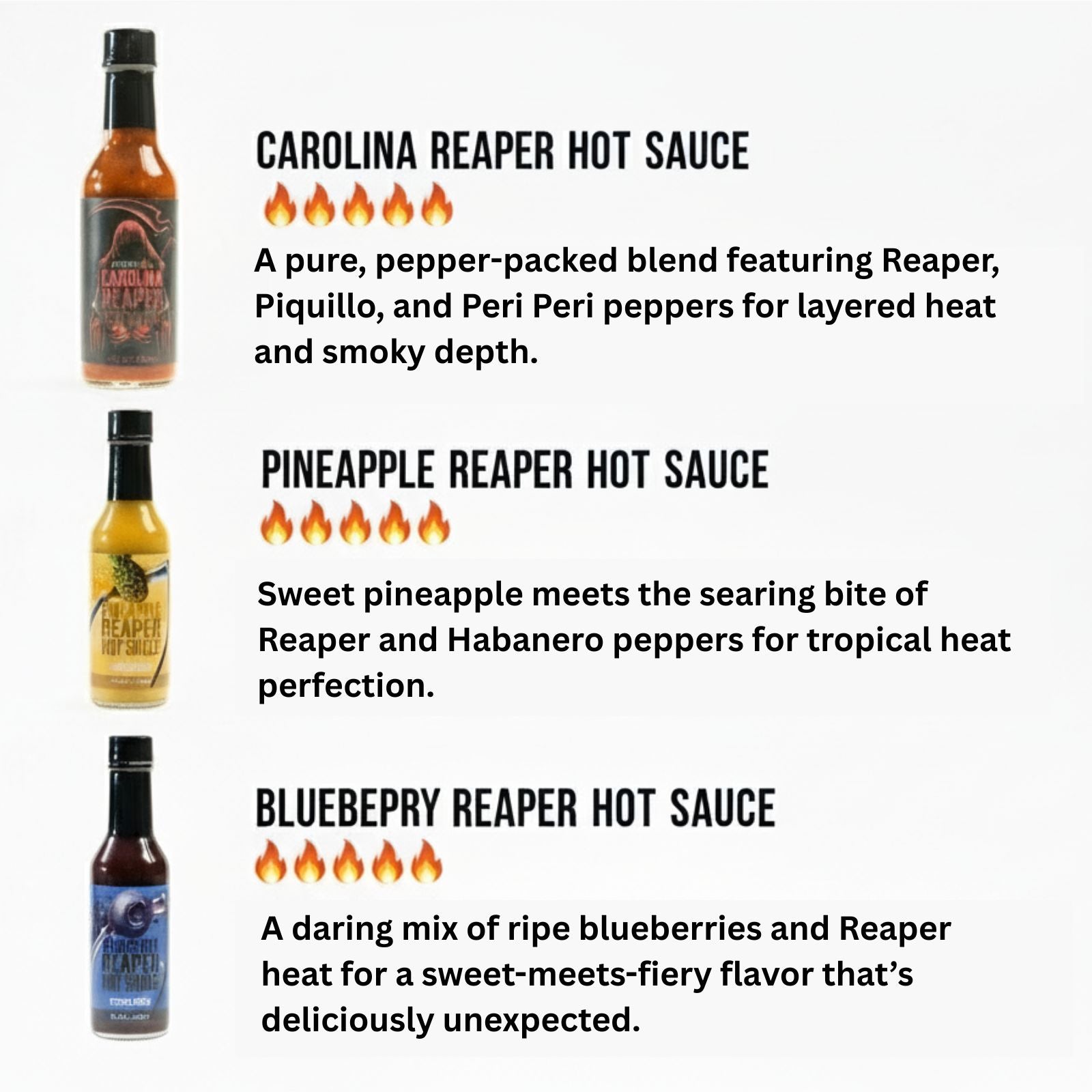 Pepper Joe's Carolina Reaper hot sauce gift box sauces that includes one bottle each of Blueberry Reaper, Pineapple Reaper, and Carolina Reaper with descriptions beside each bottle with flavor notes and indicating 5 out of 5 for heat level for all three sauces.
