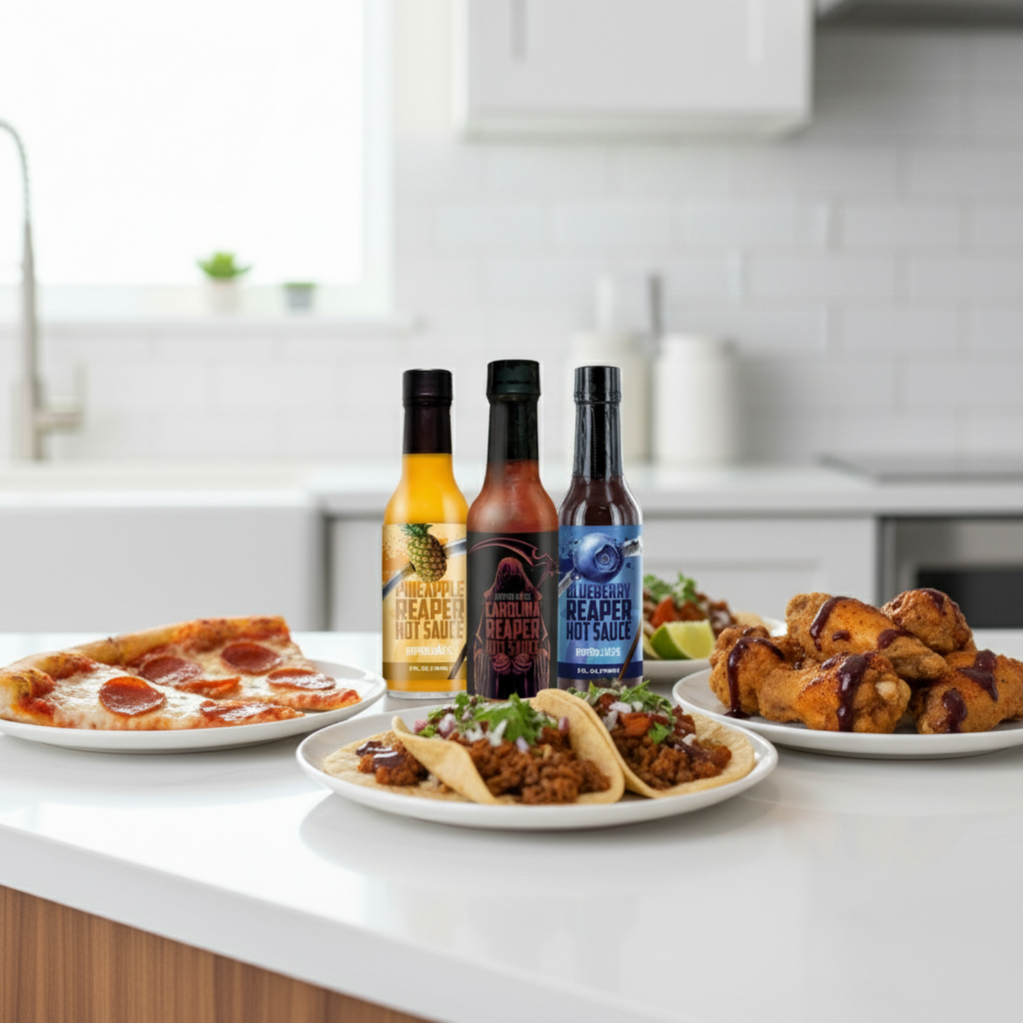 One bottle each of Pineapple Reaper, Carolina Reaper, and Blueberry Hot Sauce including in the Reaper Gift Box on a white kitchen counter beside a plate of pizza, plate of tacos, plate of fried chicken wings drizzled in the sauces.