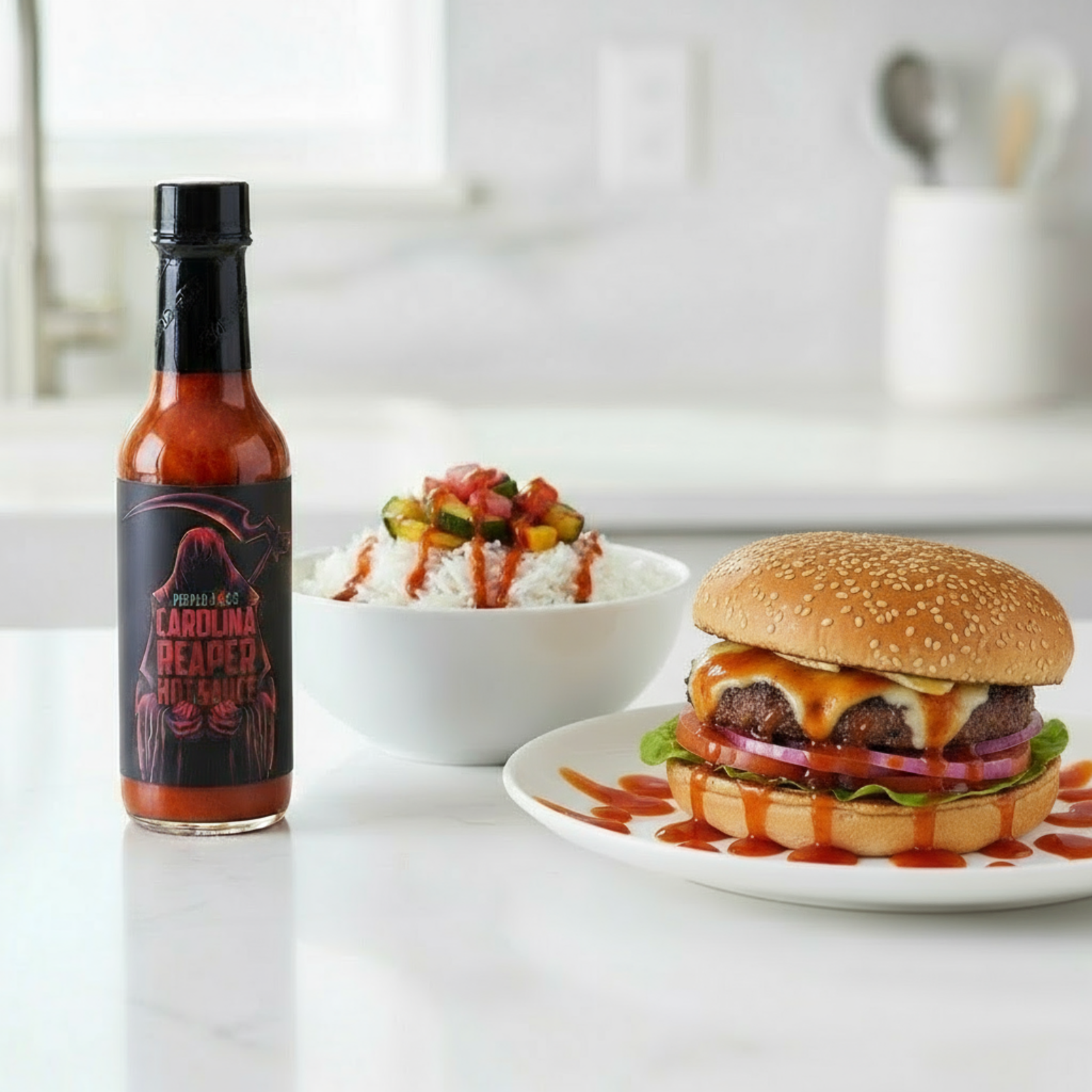 Carolina Reaper Hot Sauce bottle on a white kitchen counter beside a bowl of rice with grilled veggies and a hamburger on a plate drizzled with spicy hot sauce.