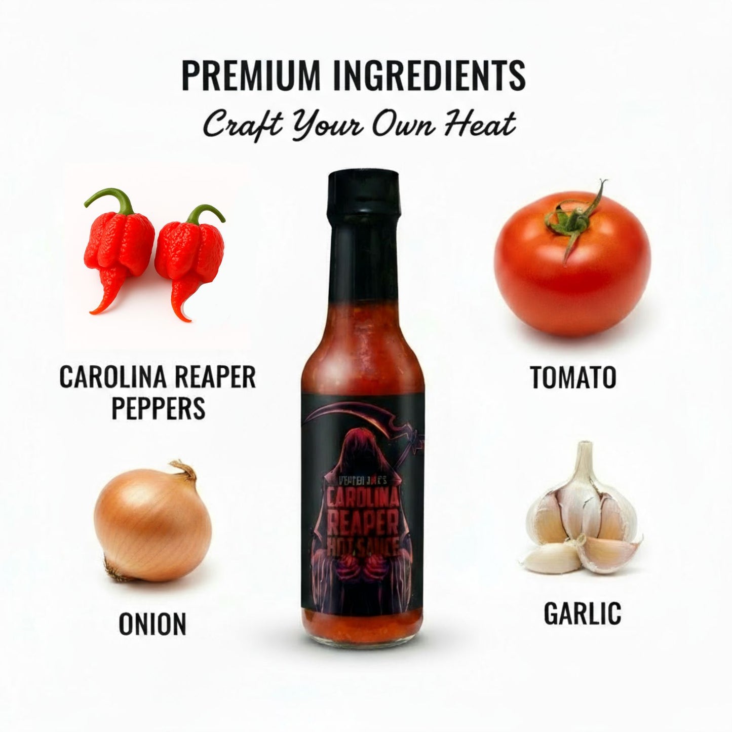  Carolina Reaper Hot Sauce bottle surrounded by fresh premium ingredients like Carolina Reaper peppers, tomato, onion and garlic used to make the sauce.