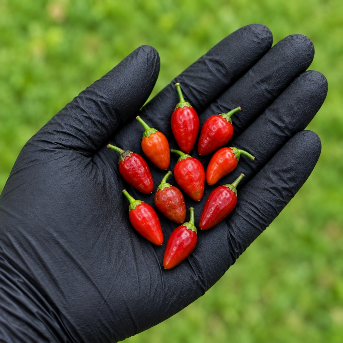 Chile Pequin peppers in black gloved hand used to display pepper seeds for sale 