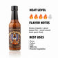 Chipotle Ghost & Black Garlic Hot Sauce heat and flavor infographic showing heat level 4 of 5 with smoky chipotle, ghost pepper fire, and sweet umami black garlic finish flavor notes, suggesting best uses on tacos, fajitas, chili, BBQ ribs, and roasted vegetables.
