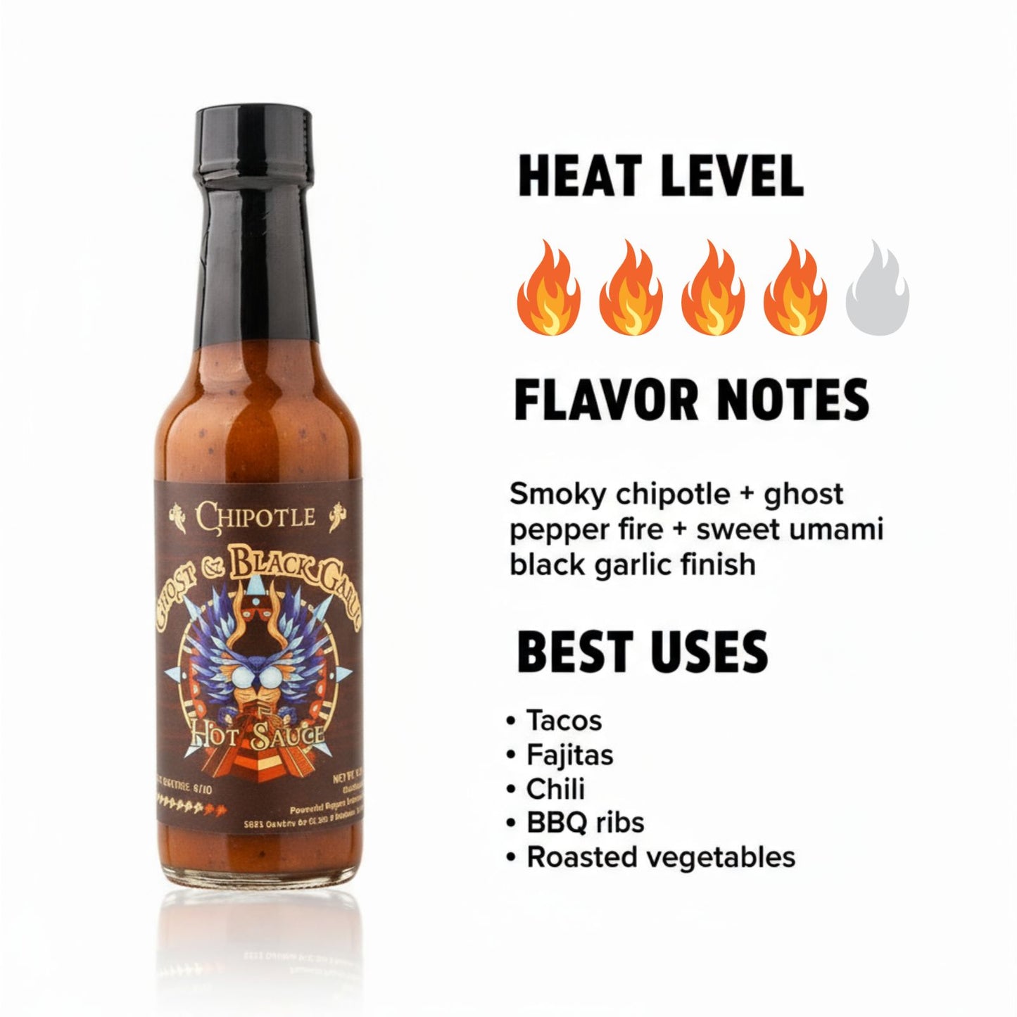 Chipotle Ghost & Black Garlic Hot Sauce heat and flavor infographic showing heat level 4 of 5 with smoky chipotle, ghost pepper fire, and sweet umami black garlic finish flavor notes, suggesting best uses on tacos, fajitas, chili, BBQ ribs, and roasted vegetables.