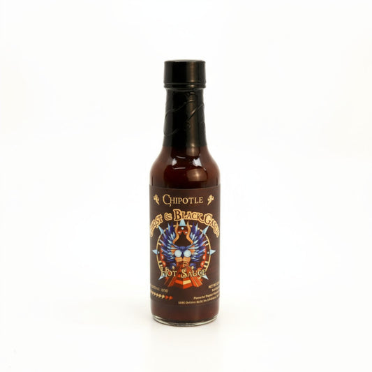 Chipotle Ghost & Black Garlic Hot Sauce on white background