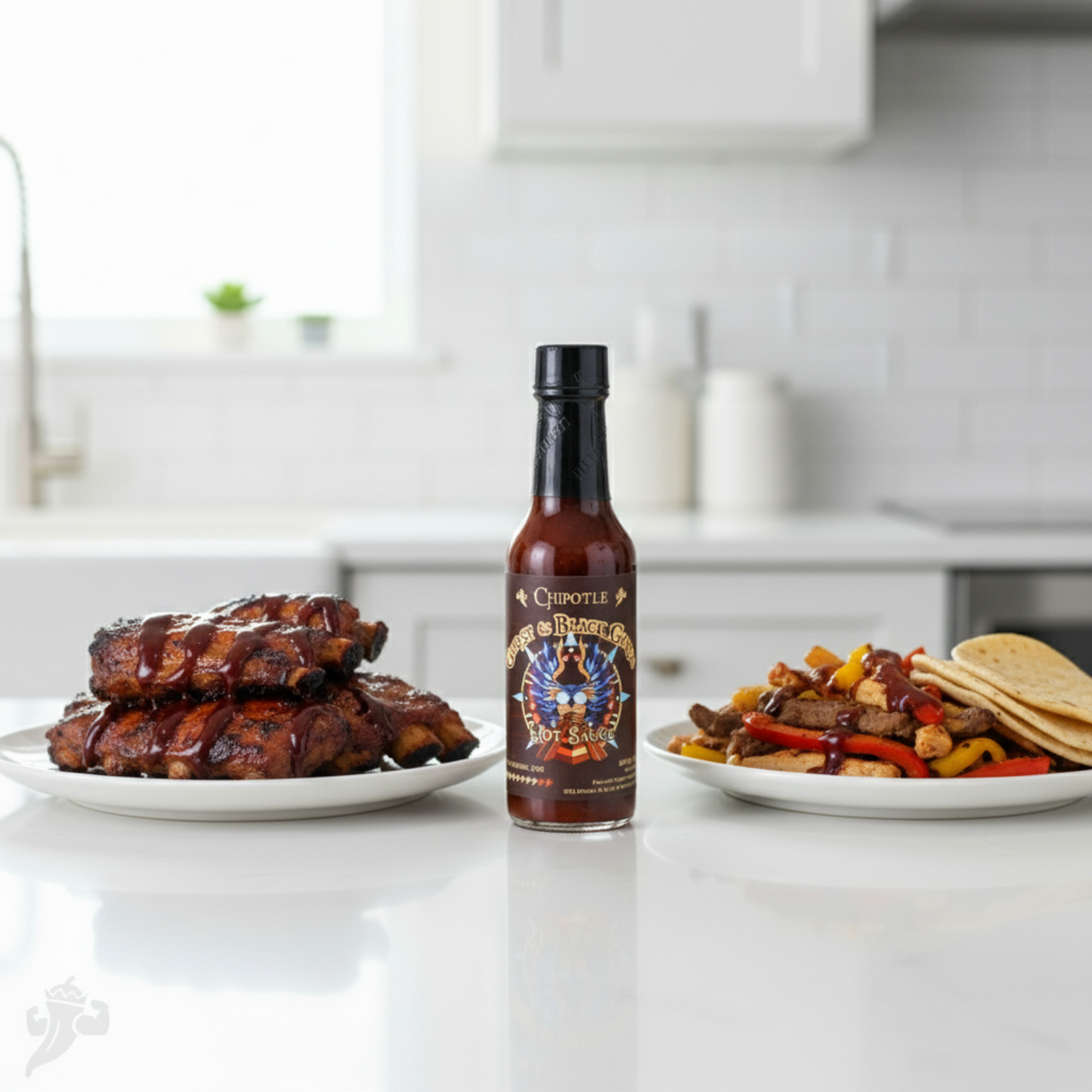 Chipotle Ghost & Black Garlic Hot Sauce bottle on a white kitchen counter beside a plate of barbeque ribs and a plate of fajitas drizzled with spicy hot sauce.